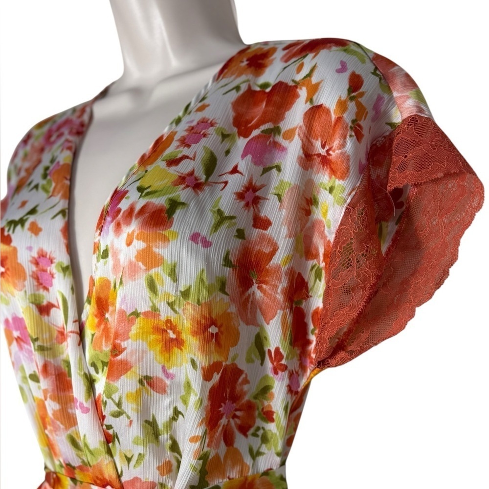 Oscar de la Renta Vintage Y2K Pink Orange Floral Label Chiffon Robe Small - Picture 4 of 11